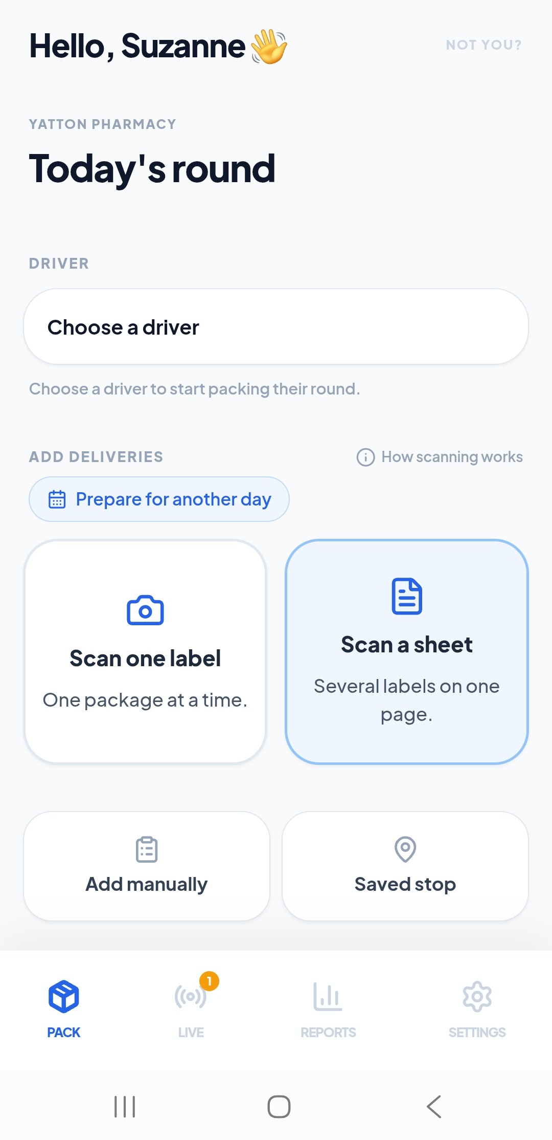 PharmaTrack pack screen — today's round, choose a driver, scan options